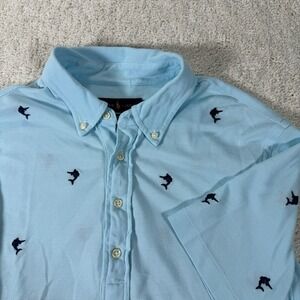 Ralph Lauren Polo Shirt Mens Med Blue Knit Oxford Embroidered Marlin‎ Fish Print